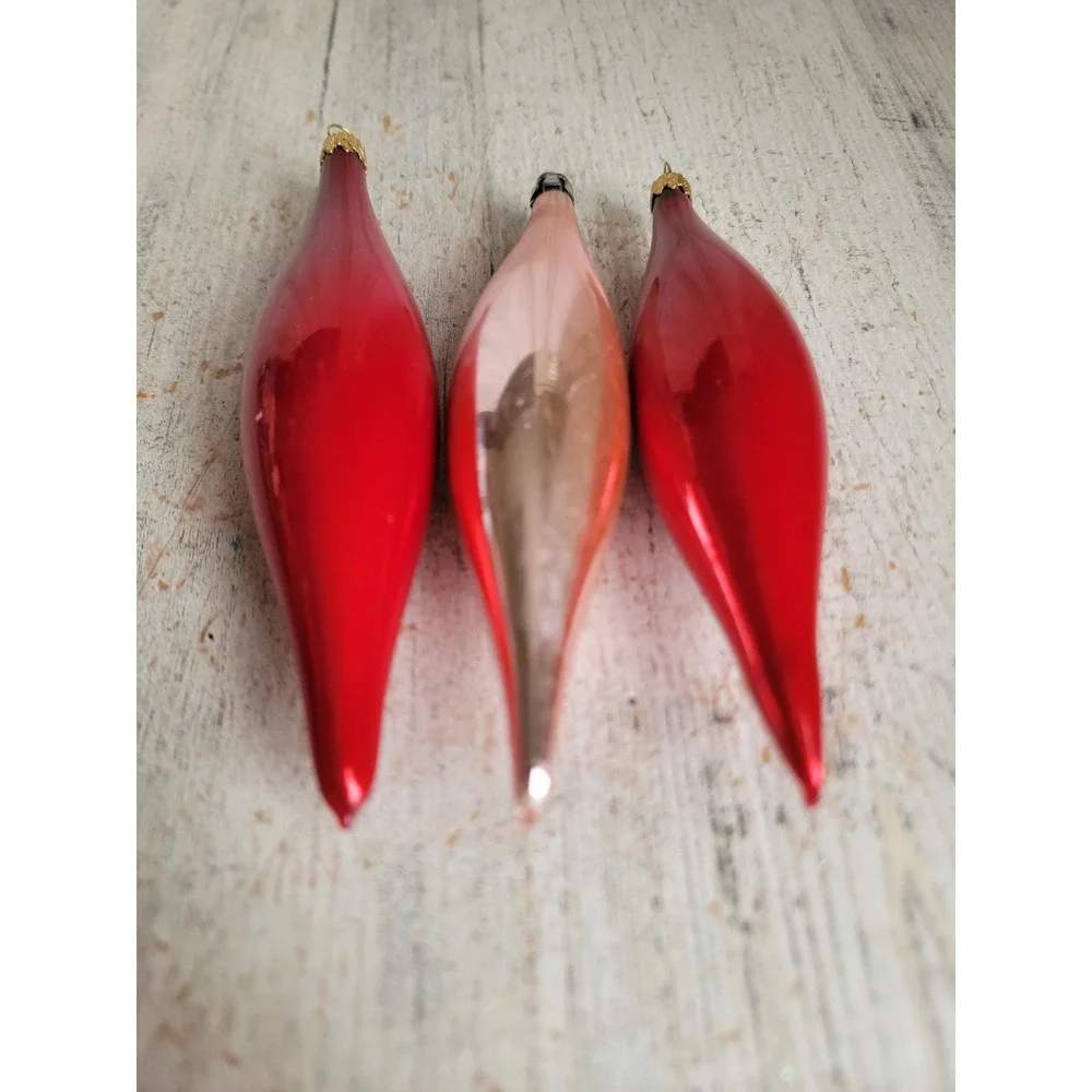Pink red abstract blown glass ornament vintage Xmas set Valentine